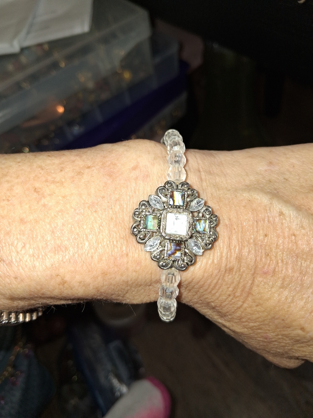 Crystal Beaded Bracelet with Silver-Tone Floral Medallion